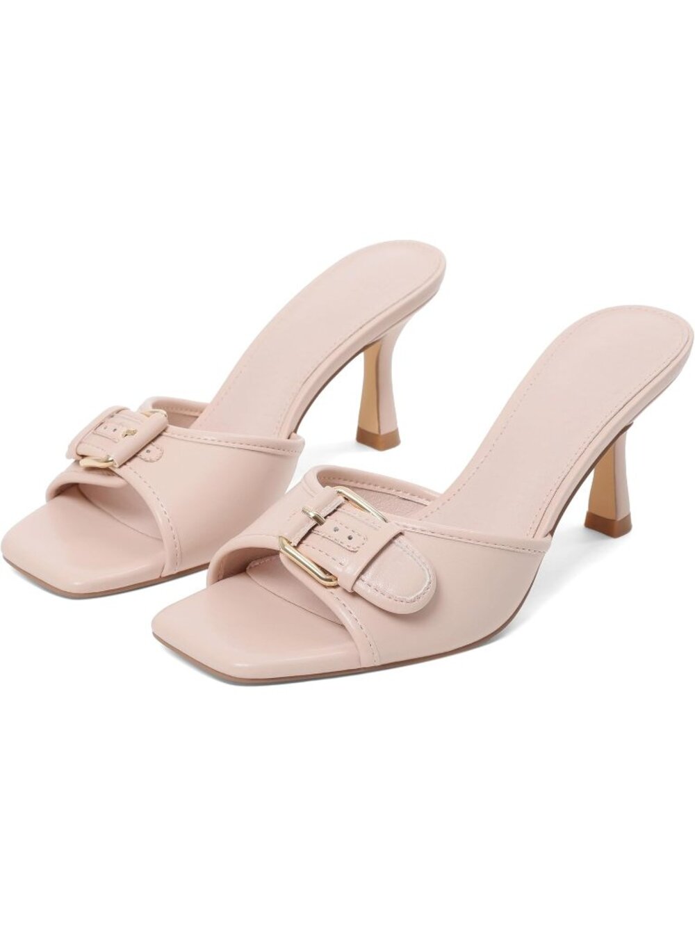 Women's Nude Buckle Strap Kitten Sandal Comfortable Summer Mules Leather Heels